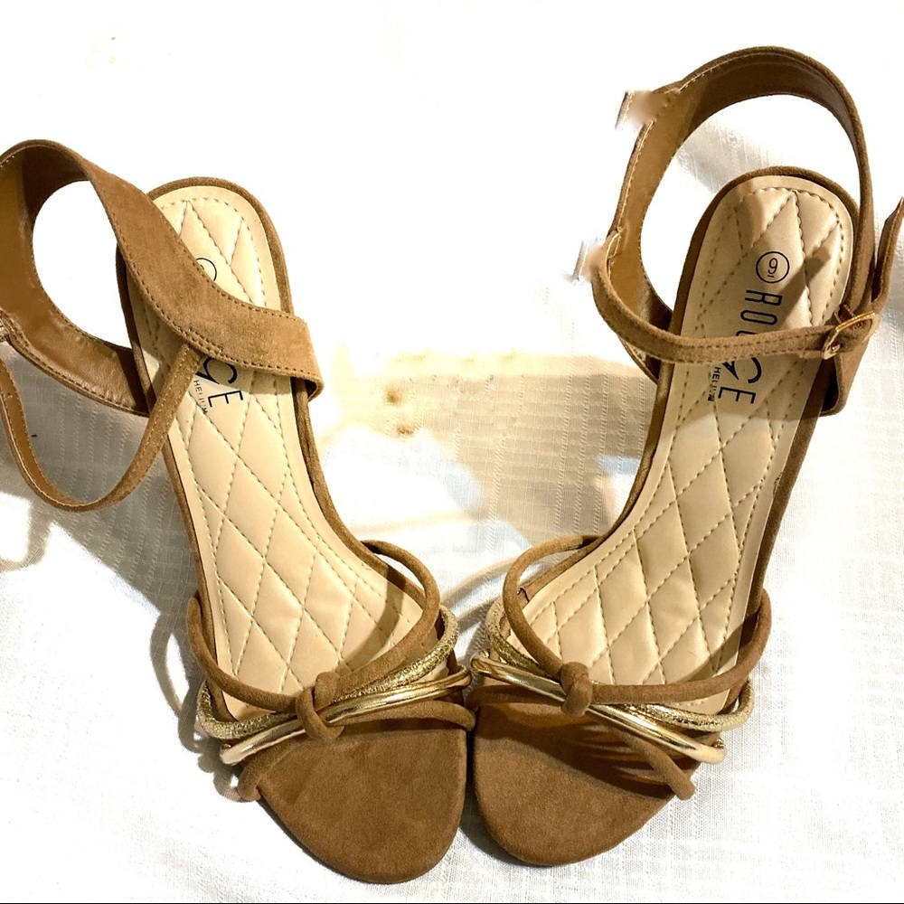 Rogue Faux Suede Ankle Strap Gold Trim Block Heel